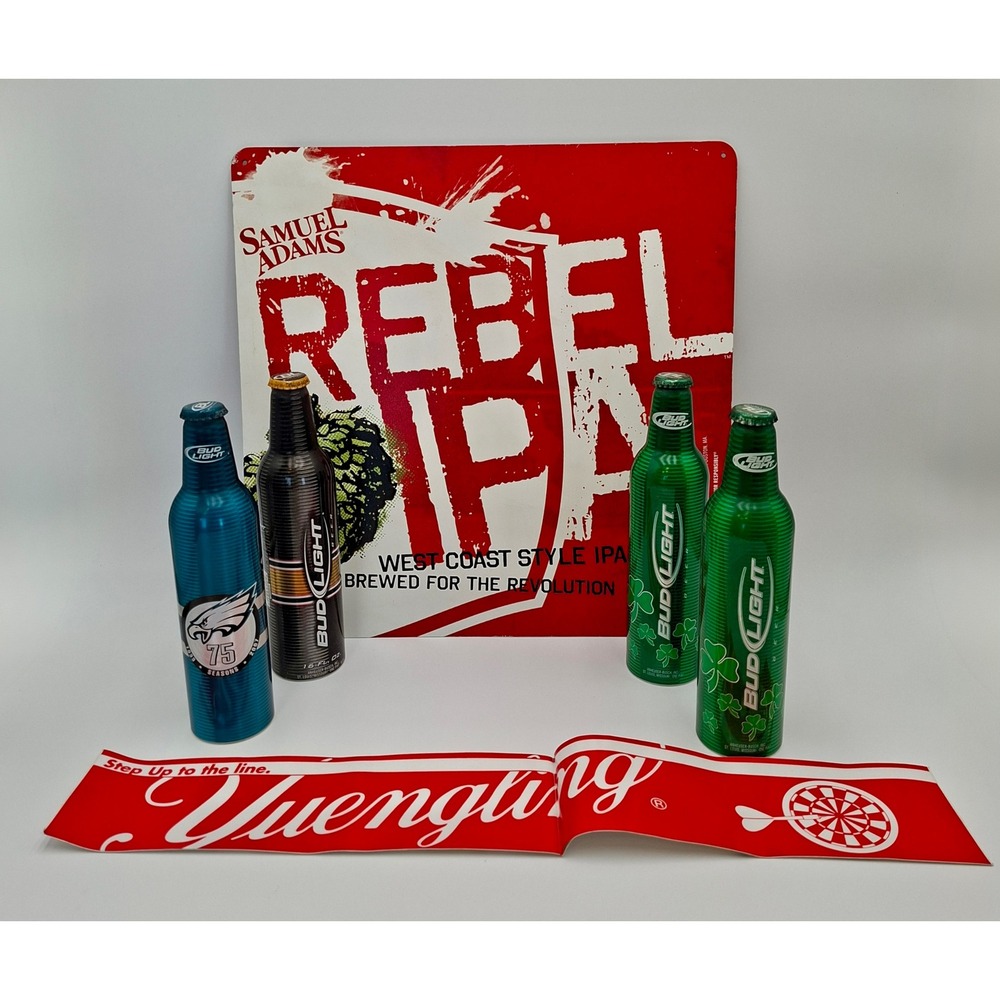 Beer Bar Decor Lot Samuel Adams Rebel IPA Sign Bud Light NFL Bottles Yuengling